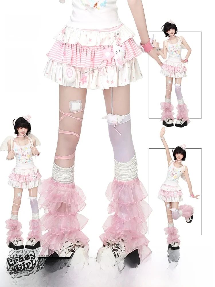 Crazygirl Japanese Style Striped Starry High Waist Slimming  Cake Skirt Summer Half Body Light Simulation Girl Feeling