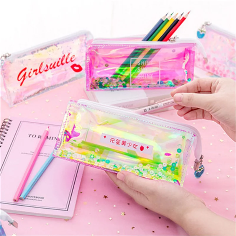 Laser quicksand colorful PVC pencil bag girl cute pencil case school supplies storage bag student large capacity stationery bag