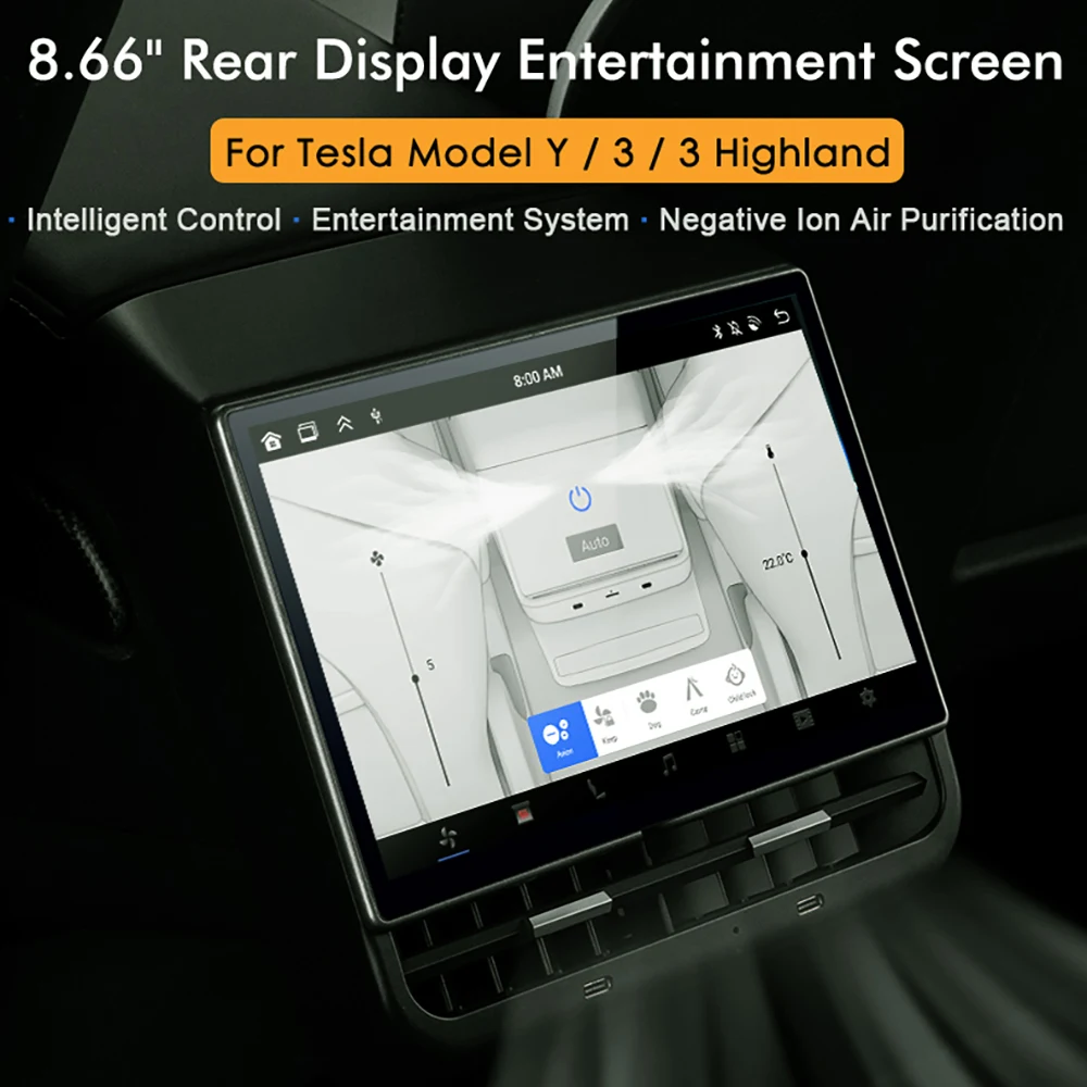 2024 Newest 8.66inches Rear Display for Tesla Model Y 3 Android 13 WIFI Entertainment Screen 64G Wireles Carplay Andriod Auto