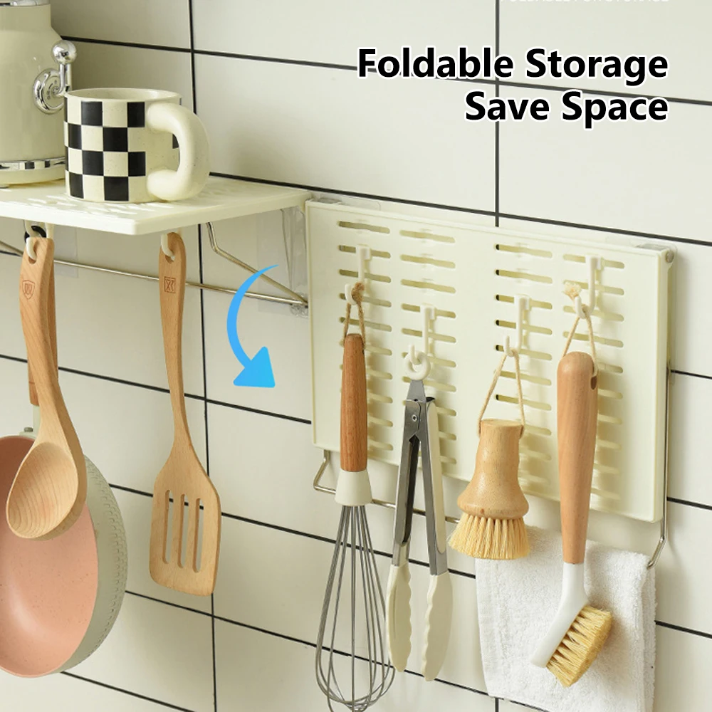 1PC Kitchen Pegboard Multifunctional Kitchen Foldable Shelf  With Hooks Wall Spice Rack Without Drilling cookware organizer