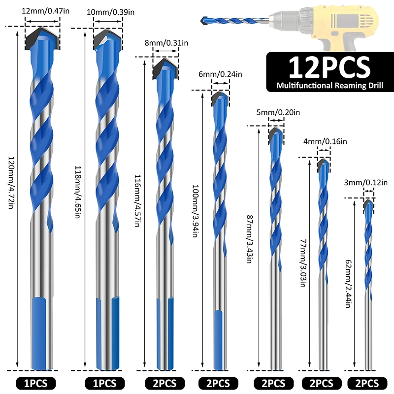 12pcs Carbide Drill Bit Set Fast and Precise Punching for Concrete, Tiles, Mirrors, Glass,Ceramic 6-12mm Drilling Bits Tools