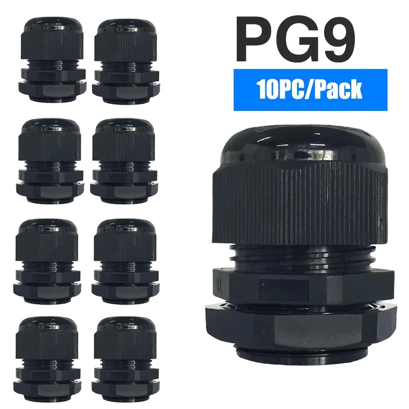 10Pcs Waterproof Cable Gland Cable entry IP68 PG9 Black Nylon Plastic Connector