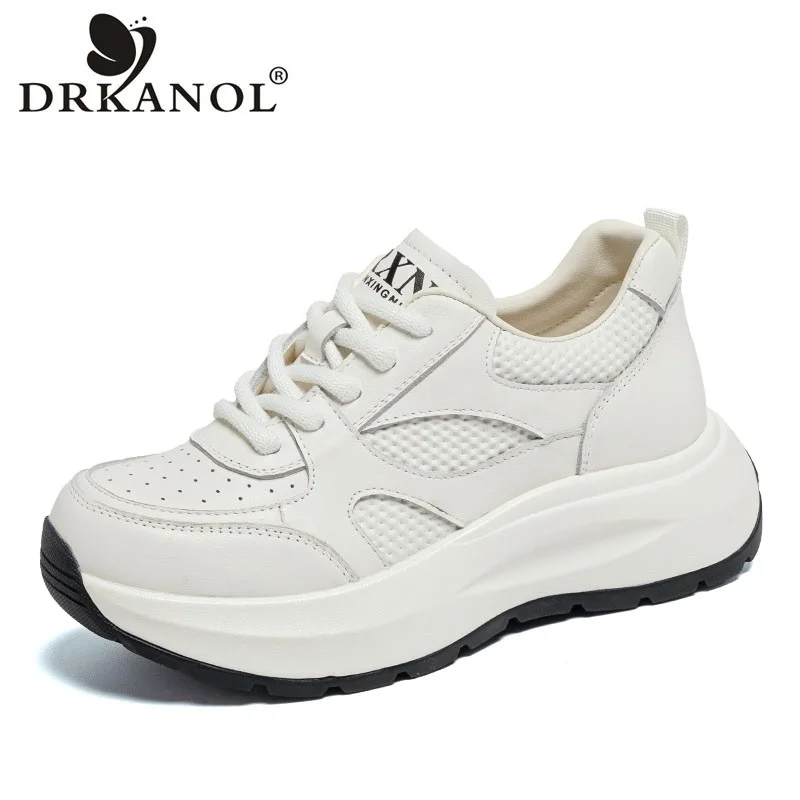 

DRKANOL 2026 Women Chunky Platform Casual Sneakers Thick Sole Genuine Leather Shoes Lightweight Comfort Breathable Single Shoes