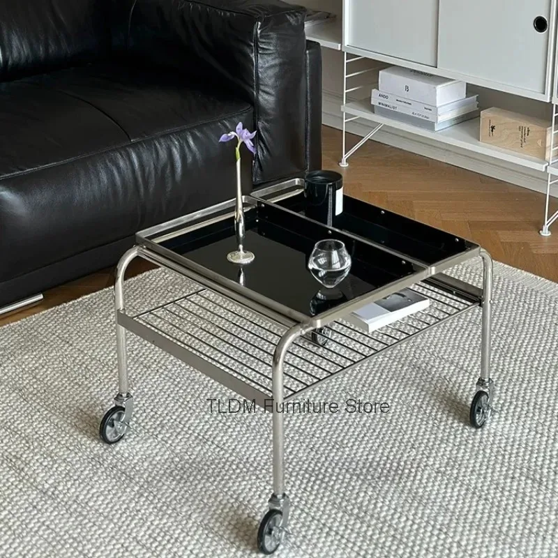 Retro Style Two-Tier Rolling Side Cart，Polished Metal Frame Storage Trolley End Table with Lockable Casters