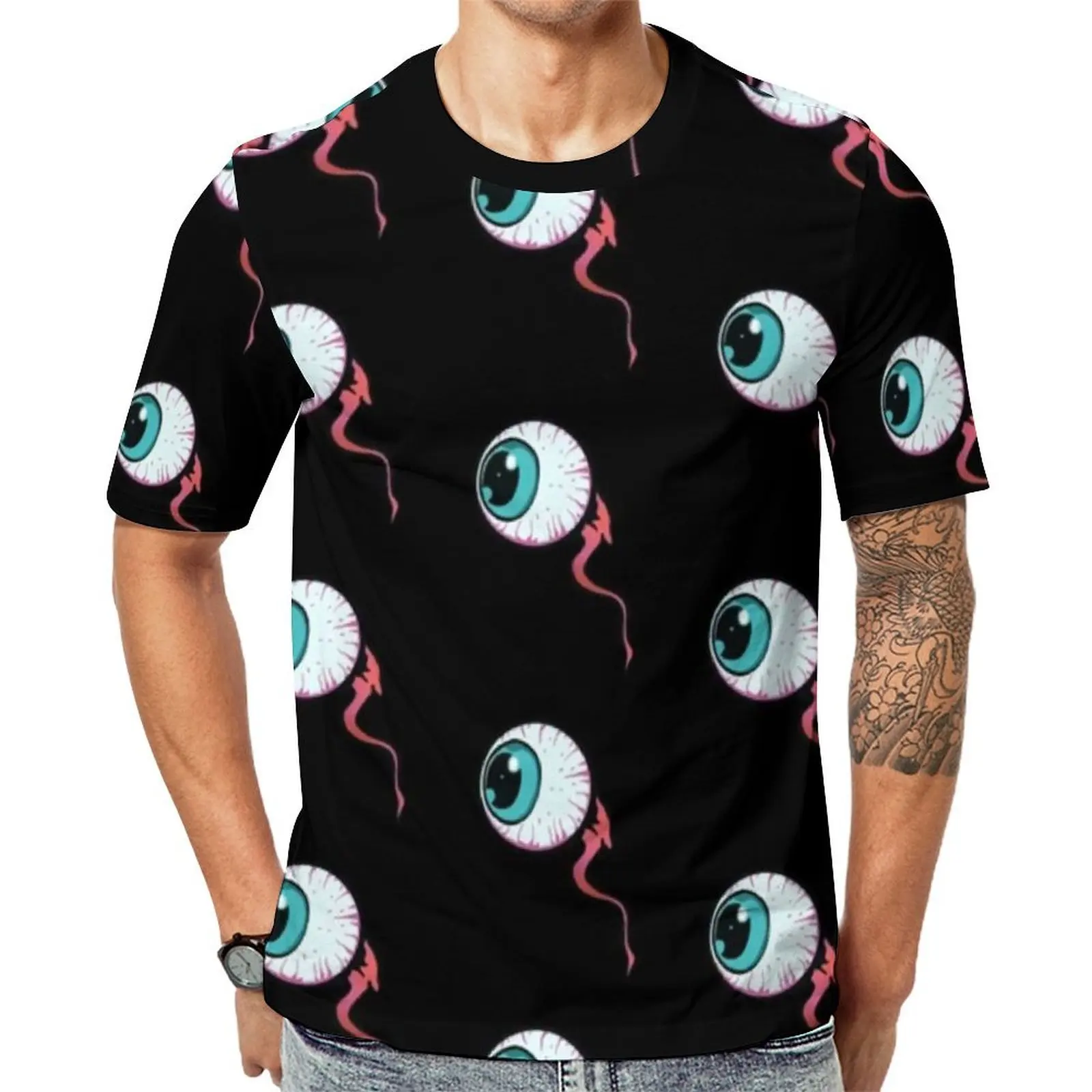 Blue Spooky Eyes T-Shirt For Men Bloody Eyeball Design Printed O Neck T-Shirts Summer Vintage Clothes Casual Oversized Tee Shirt