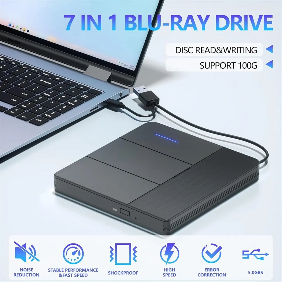 SCLS 7 in 1 External Blu-Ray Drive,Support Disc R/W BD DVD CD Player,Portable Burner USB3.0 SD/TF Card Slot