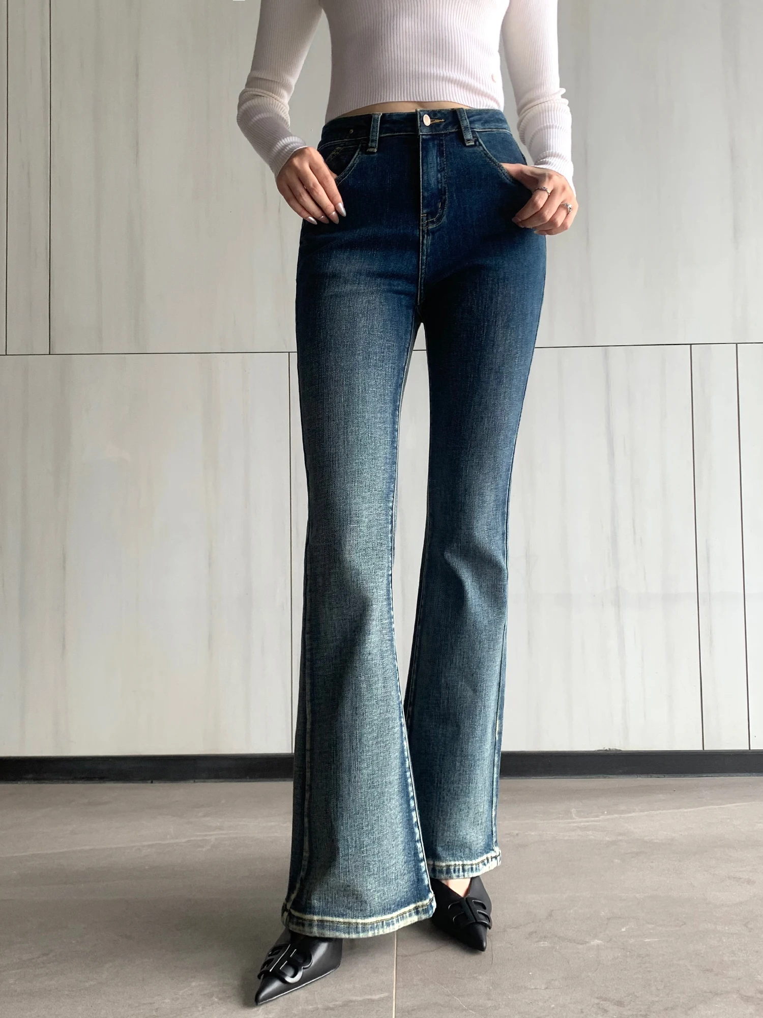 

VINTAGE WASHED GRADATION BLUE MICRO-FLARE JEANS HIGH WAISTED OFFICE LADY SKINNY DENIM TROUSERS FEMALE - FORGUNROSES