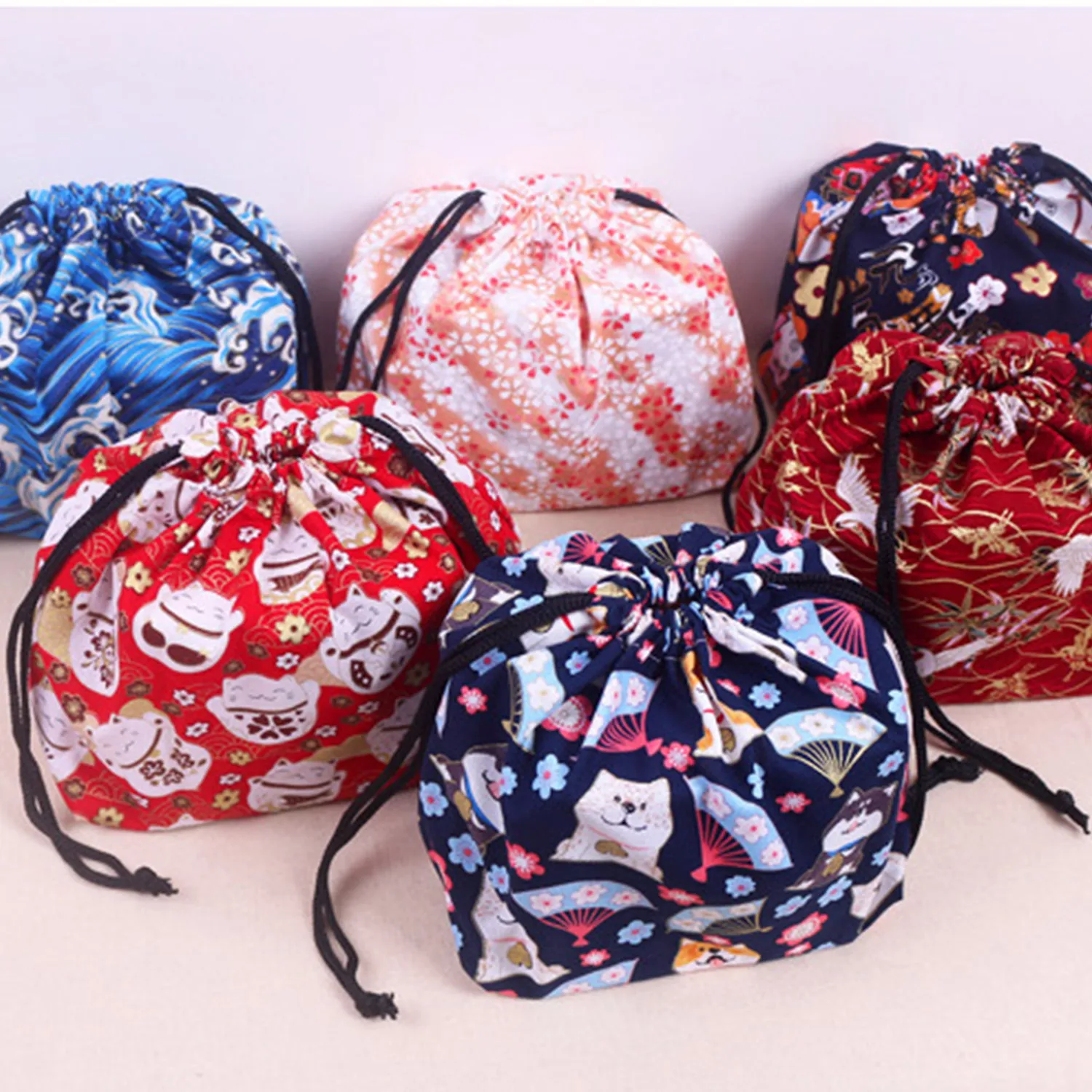 

Lunch Bento Drawstring Box Japanese Pouch Tote Picnic Cotton Storage Cartoon Women Linen Container Handbag Food Insulated