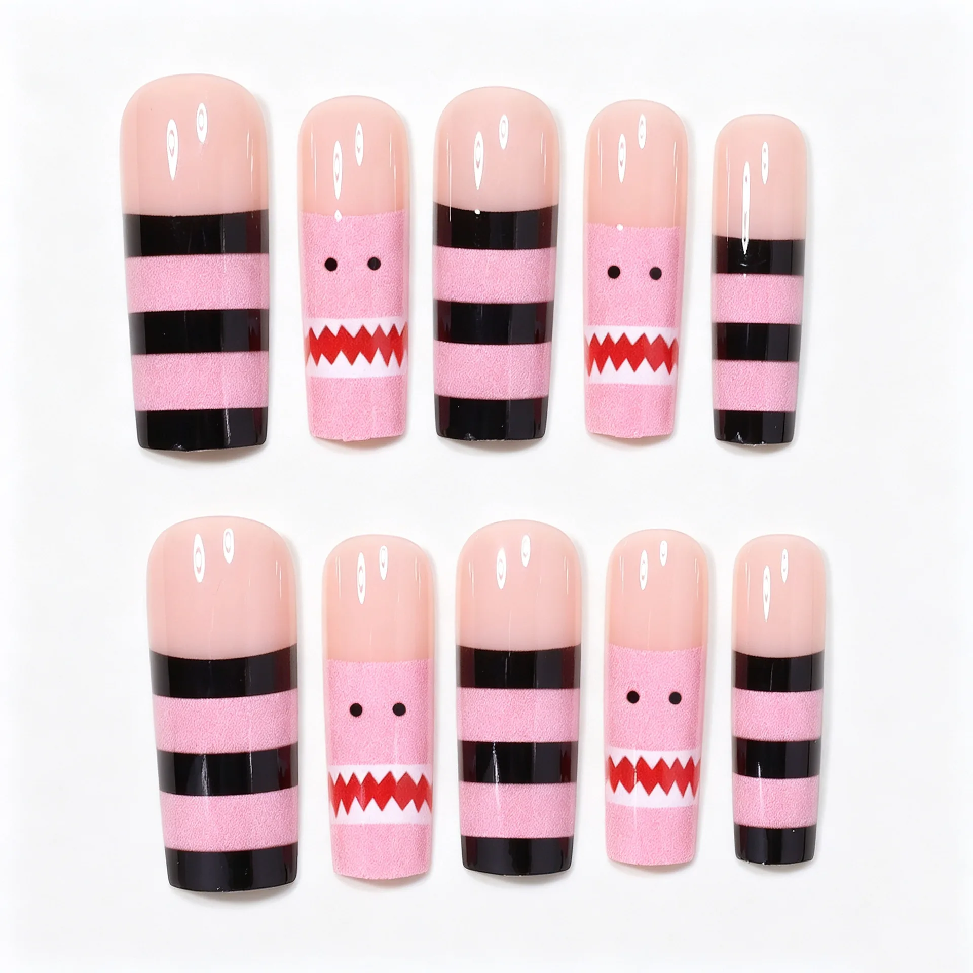 24pcs Long Coffin Press On Nails for Party Girls Wearable Pink Black Stripe Design False Nails European Ballet Fake Nails Tips