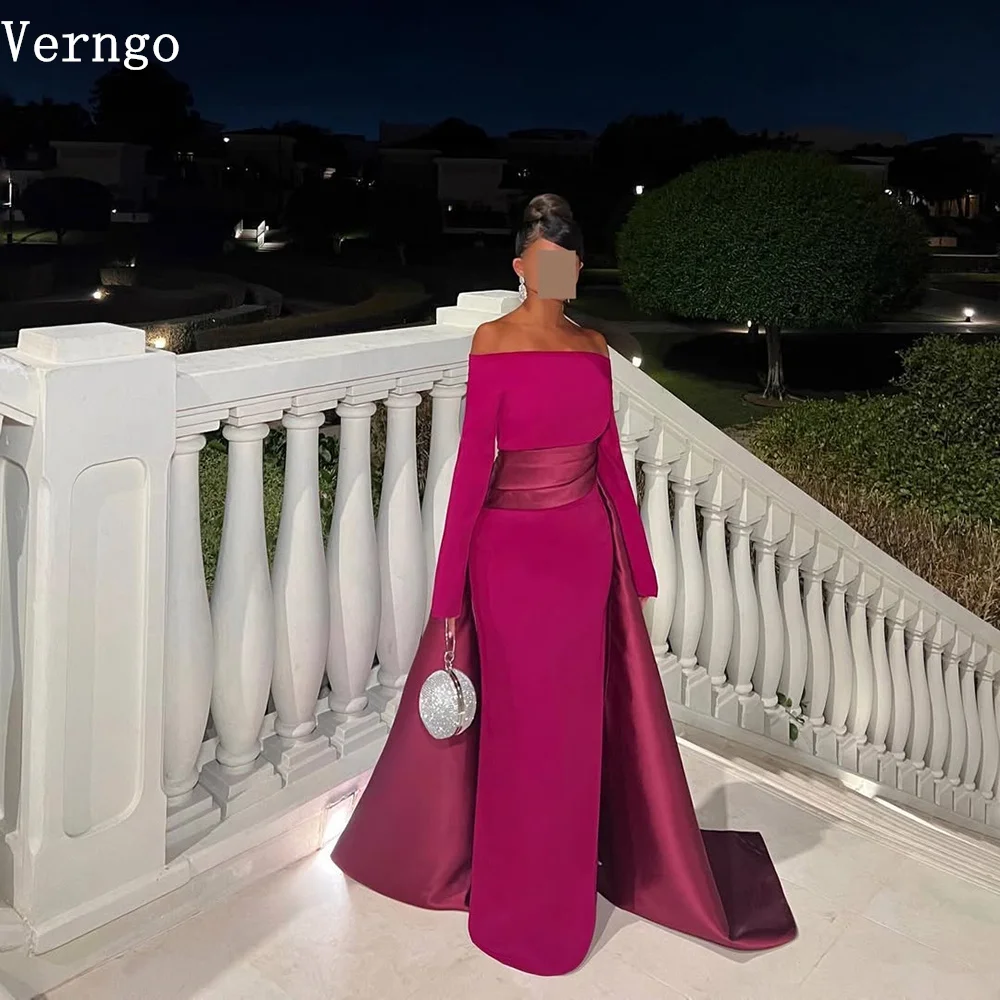 

Verngo Burgundy Crepe Evening Dress Boat Neck Mermaid Sweap Train Arabic Prom Party Dress Eid Formal Dress Customized