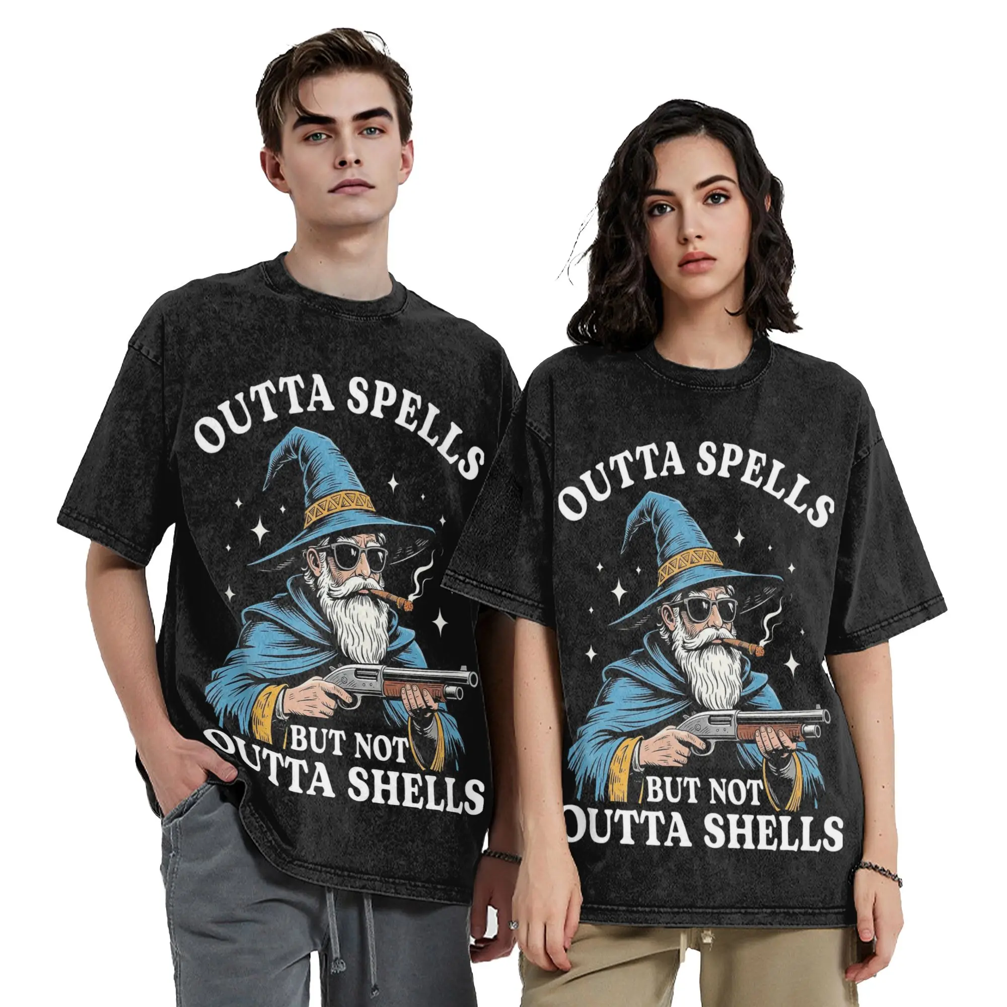 Outta Spells But Not Outta Shells Wizard Meme T Shirts Hip Hop Washed Cotton T-Shirts  Vintage for Men Streetwear Tee Shirt