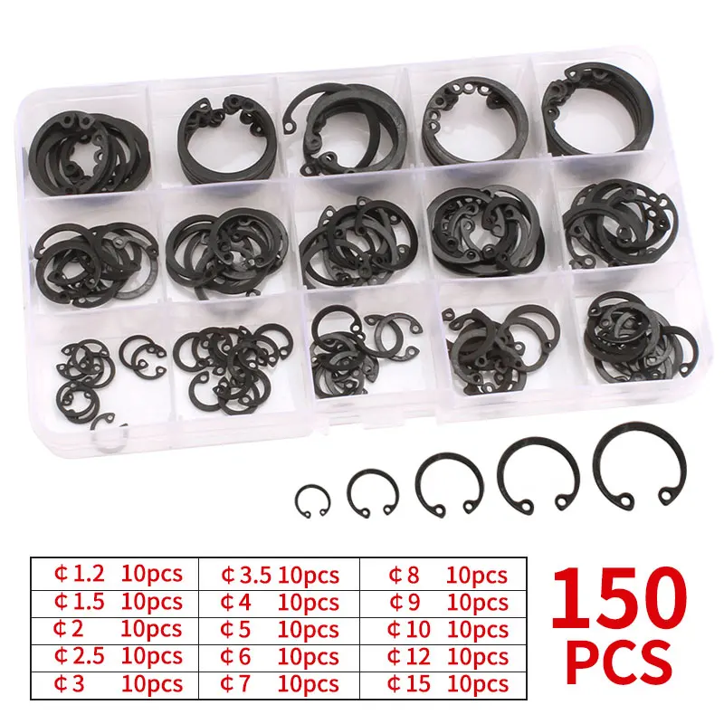 

225Pcs/150Pcs DIN471Black&304 Inner and Outer Retaining Spring C-Clamp Washer Snap Retaining Ring Combination Kit Retaining Ring