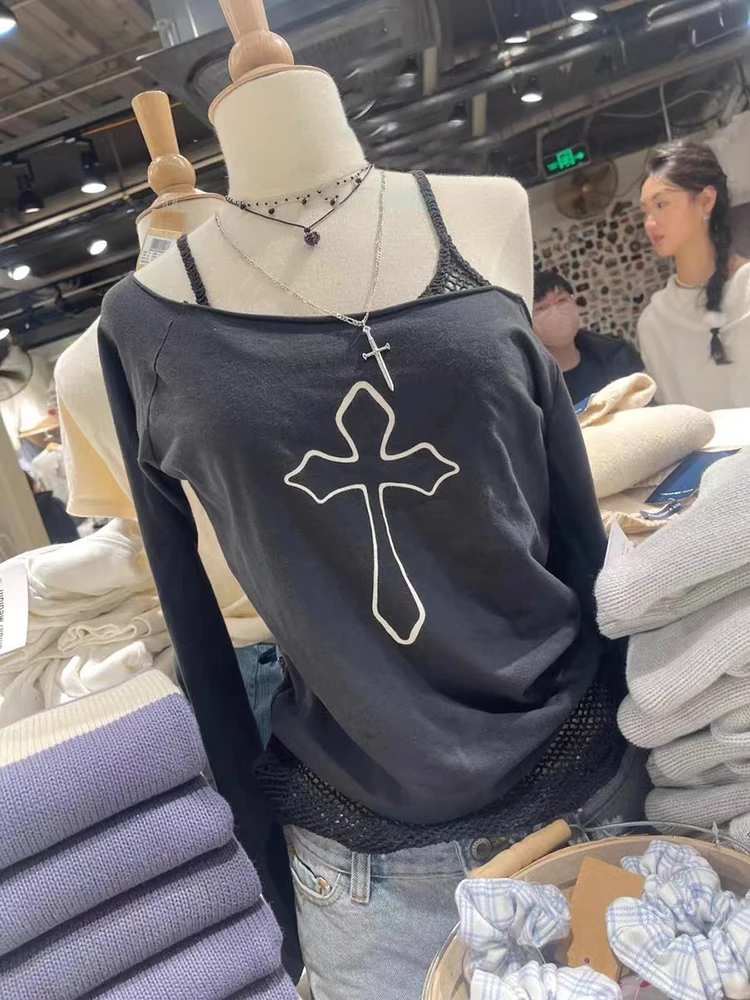 Black Cross Print Raw Trim T Shirt Women Summer Sexy Slash Neck Cotton Long Sleeve Tees Streetwear Vintage Casual T-shirts Y2k