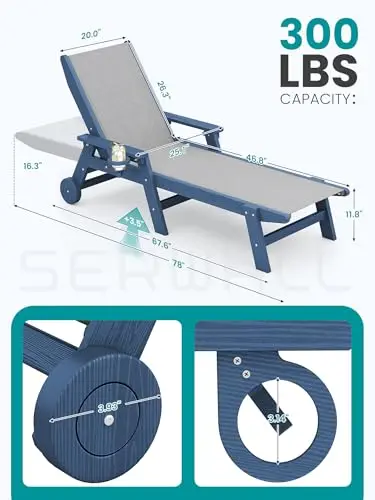 Textilene Patio Chaise Lounge Chair, HDPE Outdoor Lounger | with Rolling Wheels for Pool, Deck, Blue