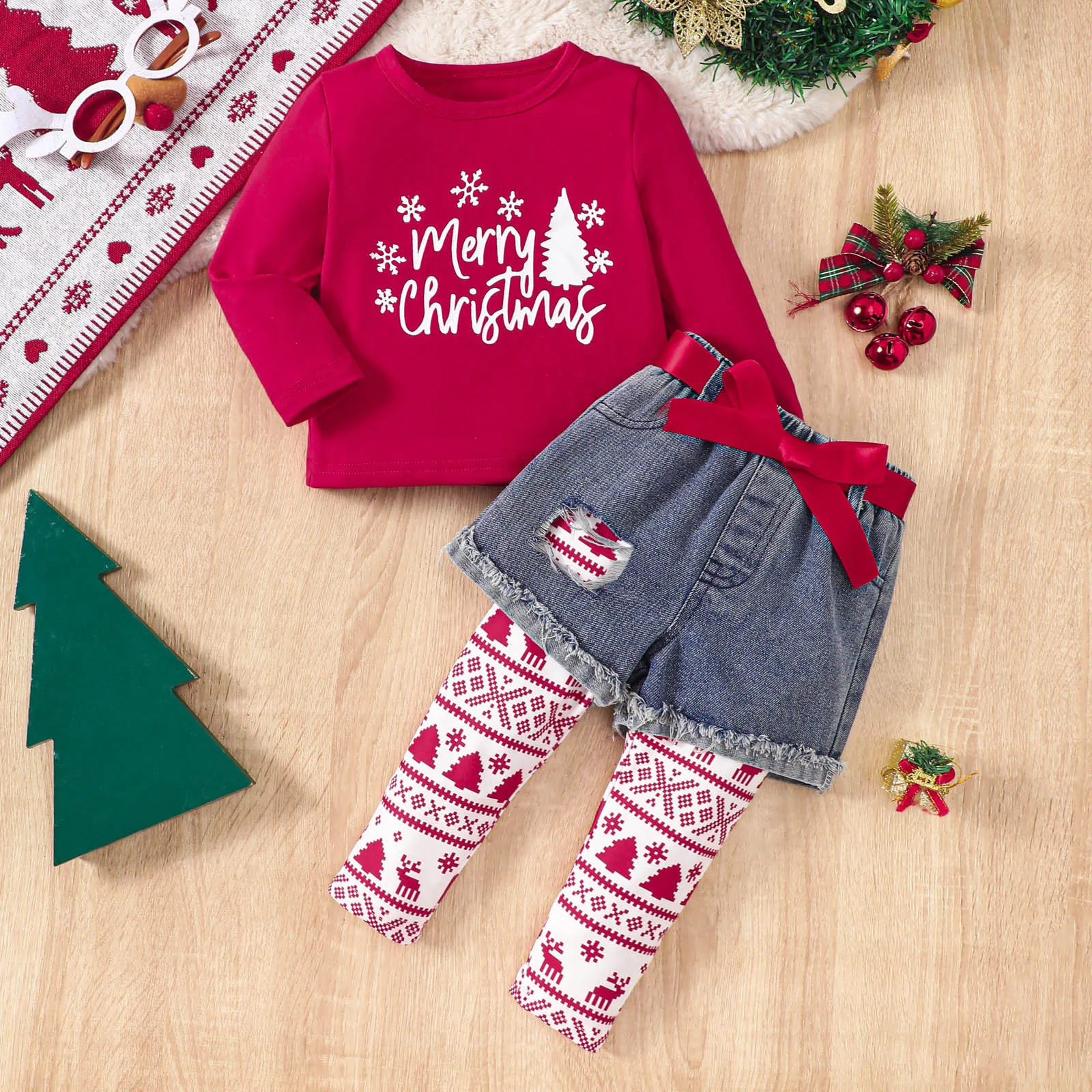 

2pcs Toddlers Girls Christmas Outfits Sets Letter Red T-Shirts+Belted Jeans Pants+Xmas Printed Leggings Kids Christmas Clothes