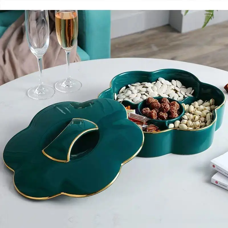 Green Ceramic Snack Platter with Cover Flower Shape Fruit Dessert Plate High Cake Stand Tissue Storage Box Rectangular Tray