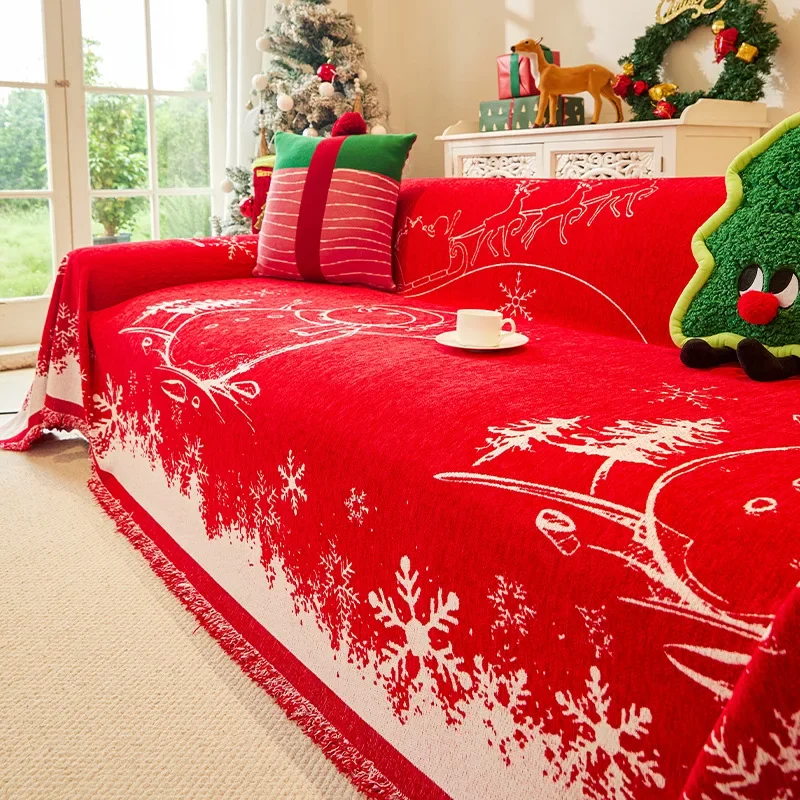 1pcs Red Chenier Couch Cover Christmas Full Coverage Sofa Towel One Piece Sofa Covers Pet Friendly Multi Functional Sofa Blanket