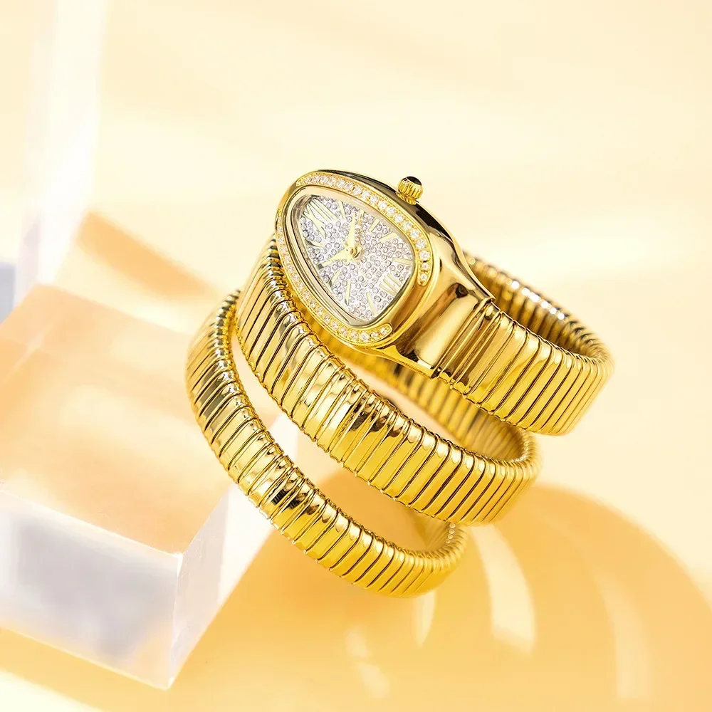 Iced Out Diamond Snake Bracelet Fashion Women's Watch Gold Steel Wrapped Strap Quartz Watches for Women Casual Ladies Wristwatch