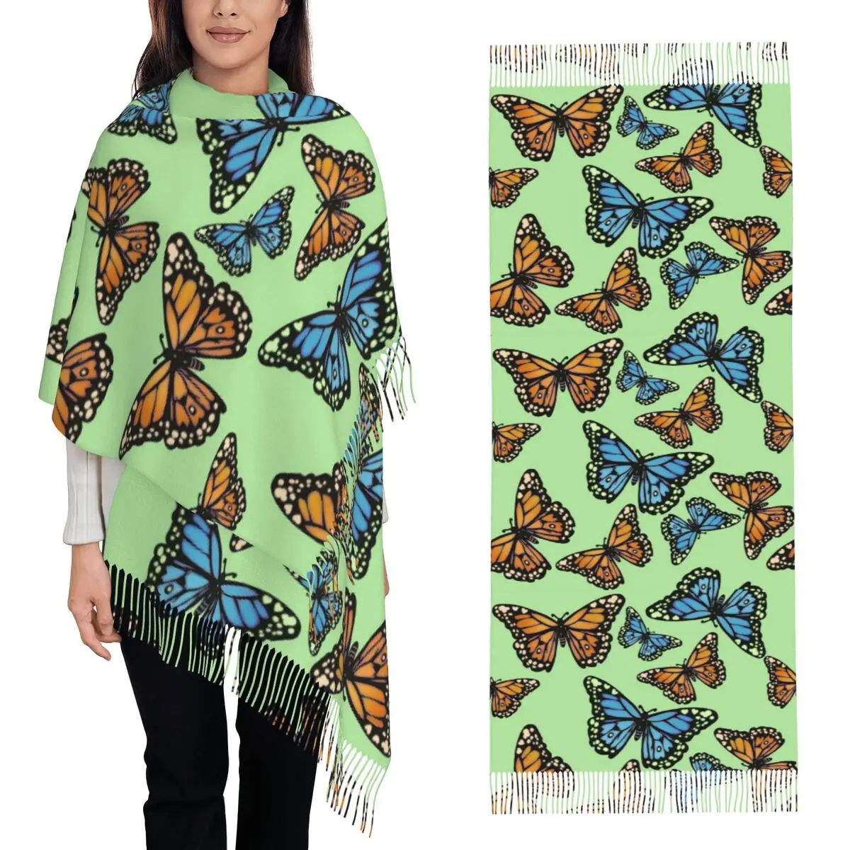 Orange Monarch Butterfly On Pastel Green Scarf Tassel Scarves for Women Soft Warm Shawls and Wraps Large Fall Winter Shawl Wrap