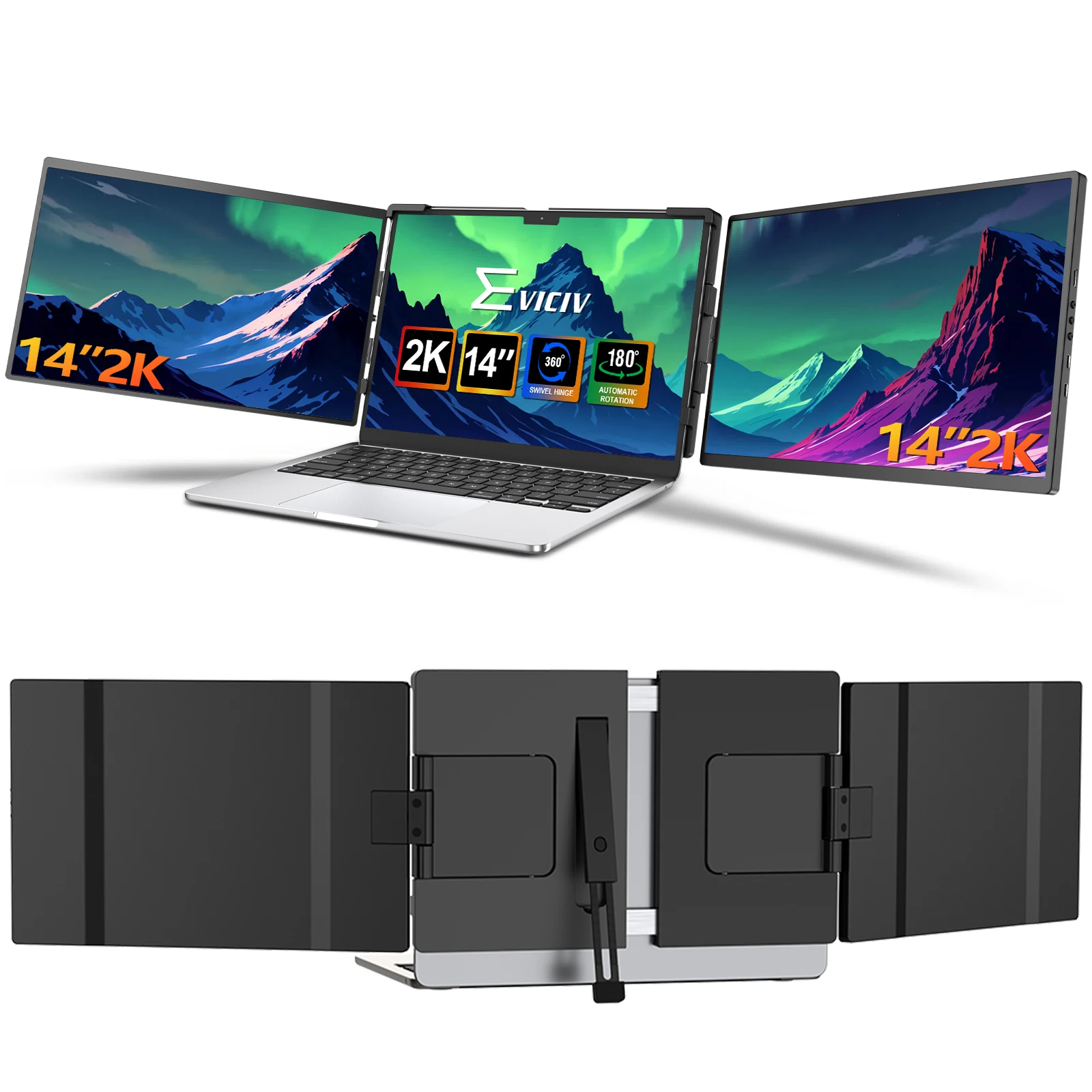 EVICIV 2K Laptop Screen Extender 14" QHD 1440P Portable Triple Monitor with 180° Automatic Rotation for Wins Mac Dex Chrome Work
