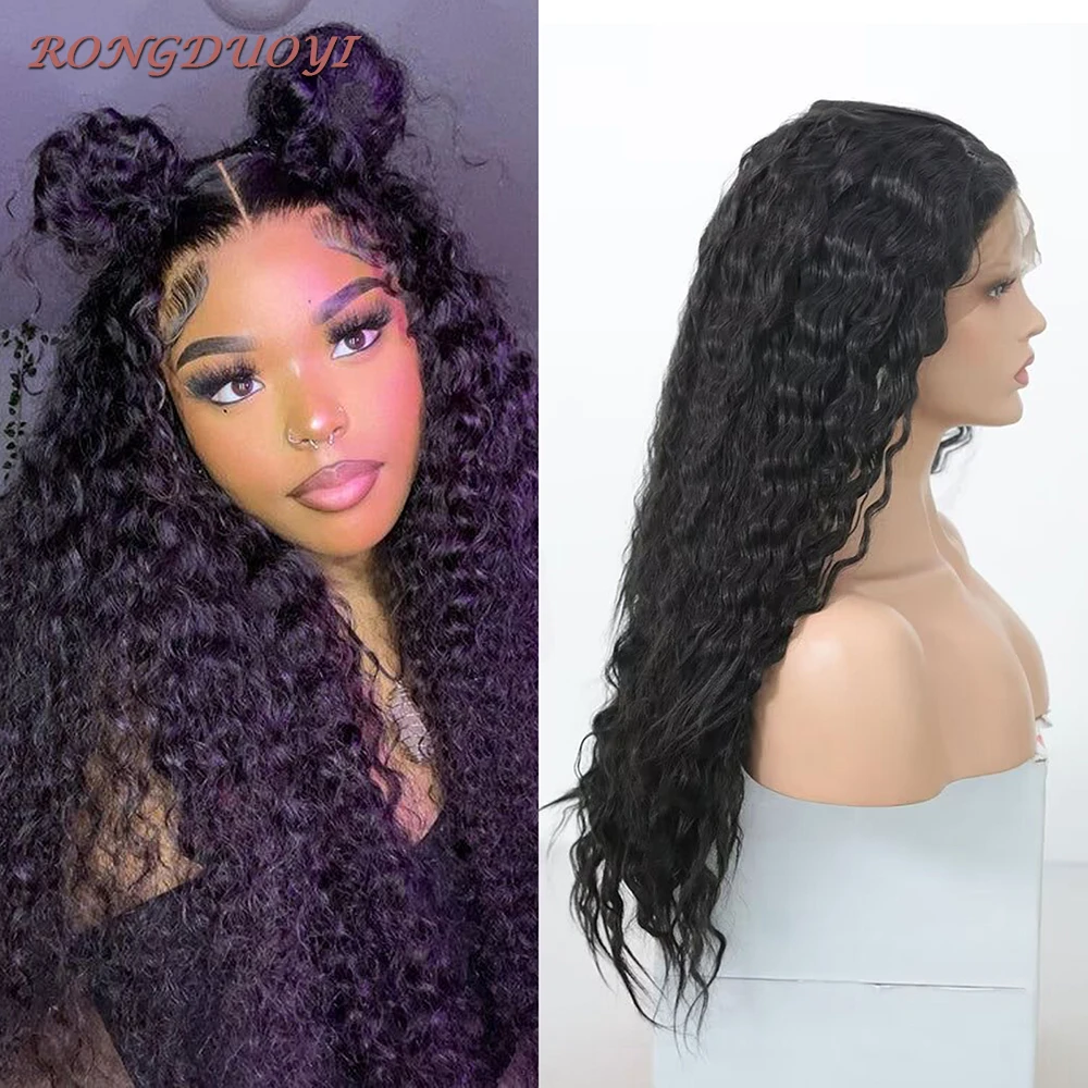 RONGDUOYI Black Curly Wig Synthetic Frontal Lace Wig For Black Women Daily Used Natural Hairline Heat Resistant Fiber Makeup