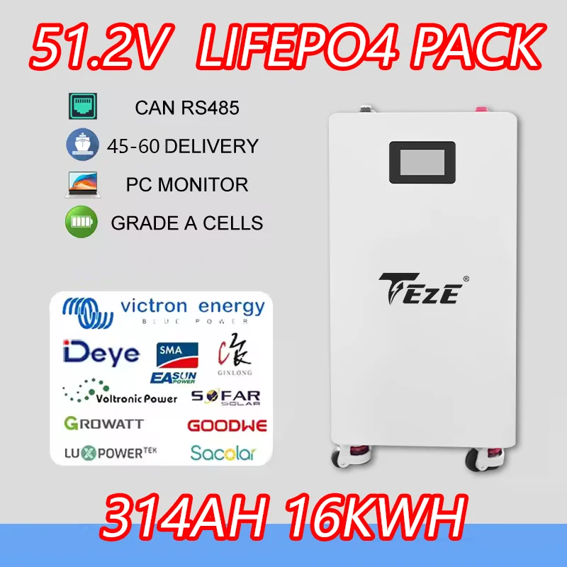 Home Energy Storage 16kWh 51.2V 314Ah 48V 300Ah Lfp Lifepo4 Battery Pack 15kWh Lithium Ion Batteries 6000 Cycle for House