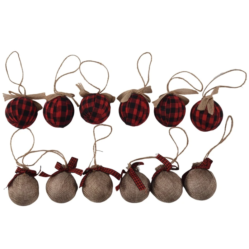 Christmas Tree Ornaments, 12 Pcs 2-1/2 Inches Buffalo Check Plaid Stitching Burlap Christmas Decorations