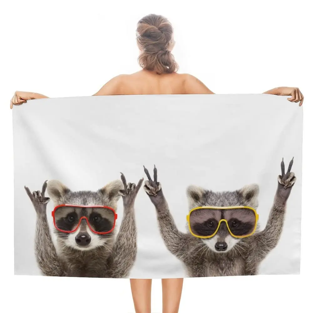 Cute Animal Raccoon Beach Towel Ultra Soft Quick Dry Towel Highly Absorbent Wash Cloth Bathroom Towel for Adults and Kids