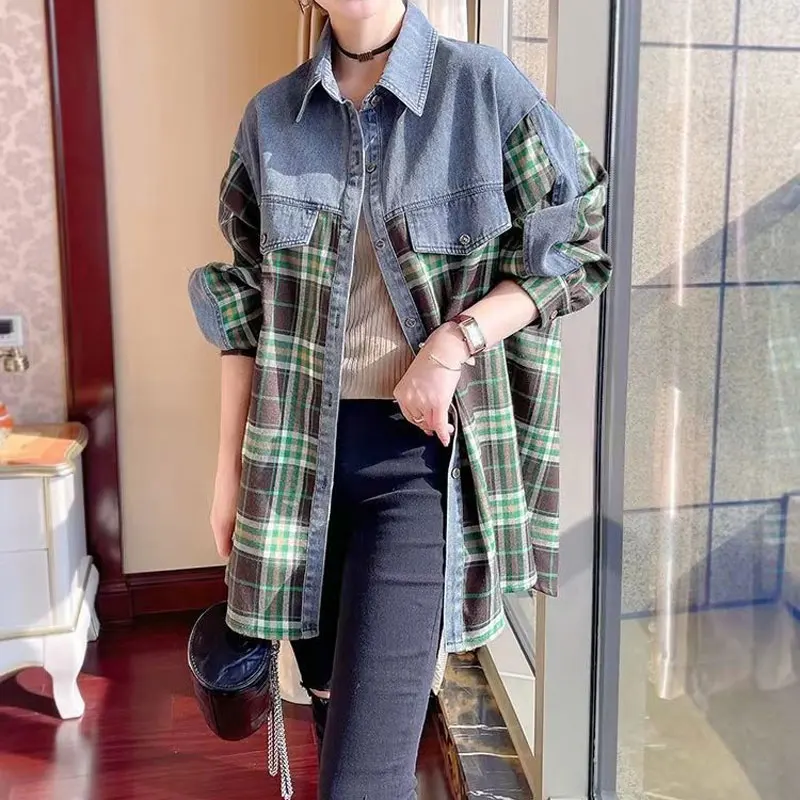 

Spring Autumn Vintage Plaid Denim Jackets Women's Clothing Casual Turn-down Collar Stylish Patchwork Single-breasted Loose Coats