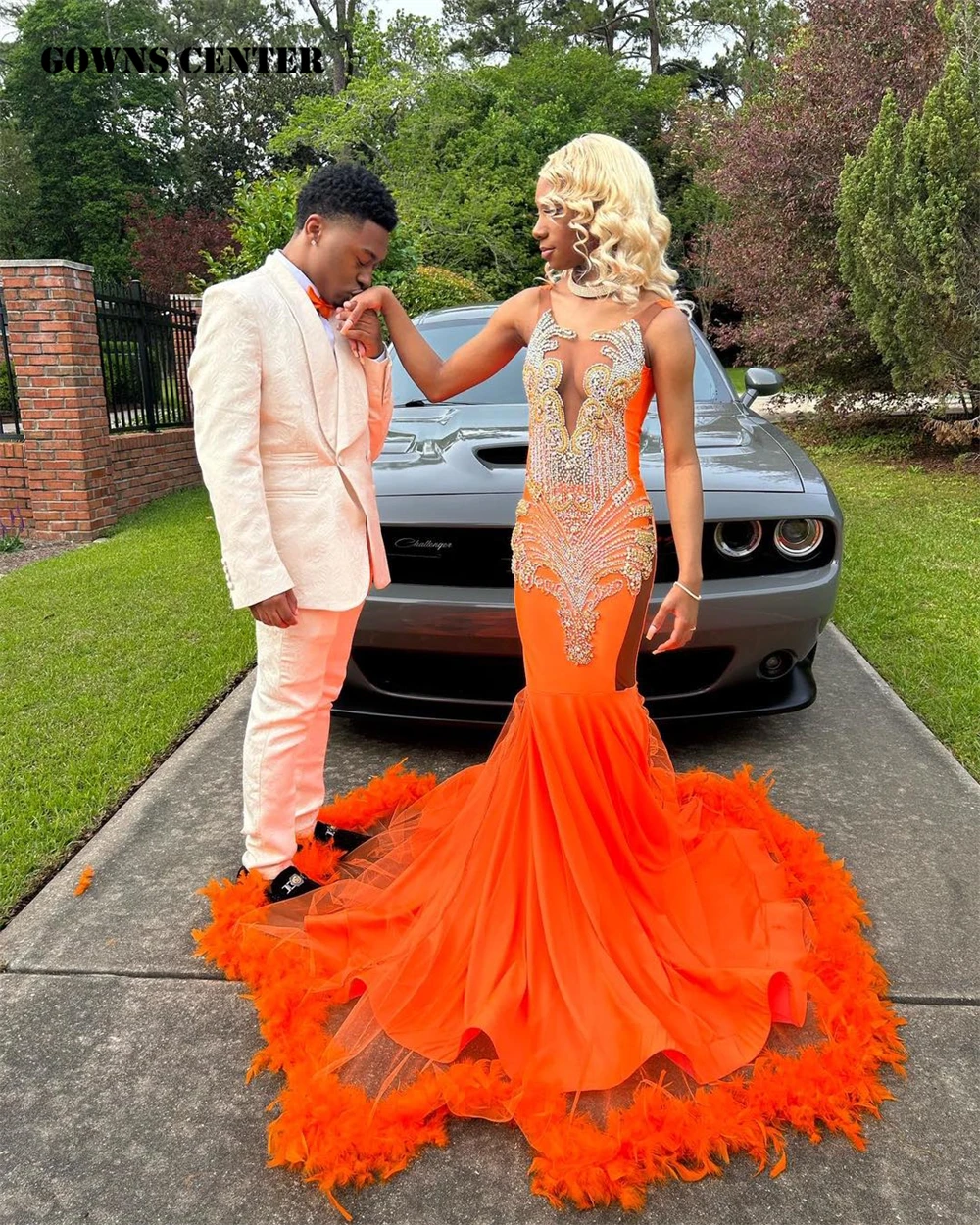 Orange Feathers Satin Mermaid Prom Dresses Sliver Crystal Beasing Black Girl O Neck Dresses For Party Wedding Evening Gala Dress