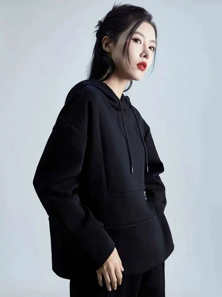 Black Loose Fit Zipper Pockets Sweatshirt New Hooded Long Sleeve Women Big Size Fashion Tide Spring Autumn