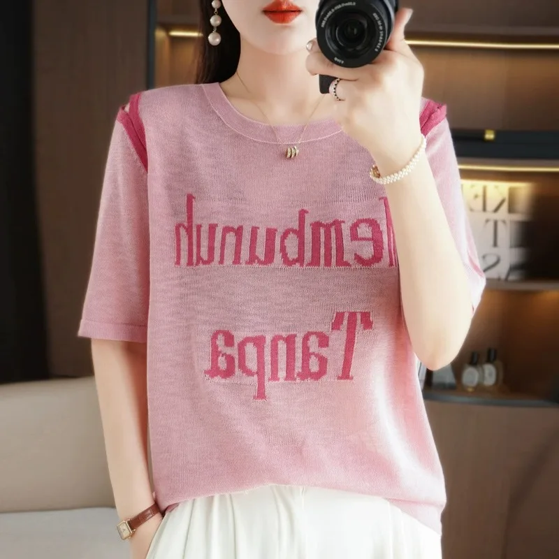 

Летний вязаный топ из бамбукового искусственного шелка с очками, тонкая женская футболка ort Sve, корейская свободная посадка, повседневная мода