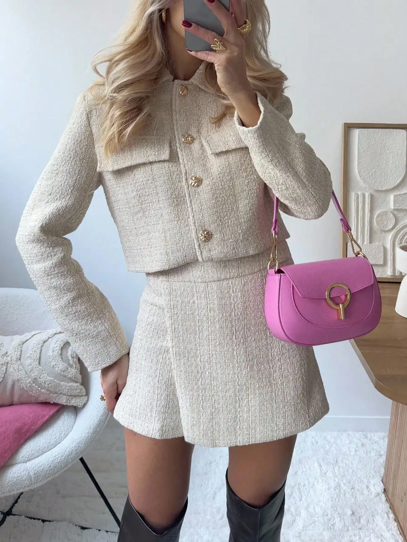 Beige Tweed Texture 2-Piece Set: Cropped Jacket with Gold Buttons & A-Line Skirt