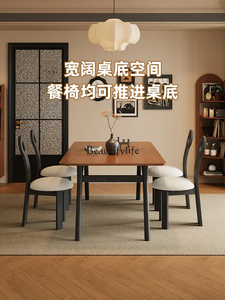 

yj5 French Retro Solid Wood Dining Table Ash Wood Rectangular Rock Board Dining Table and Chairs