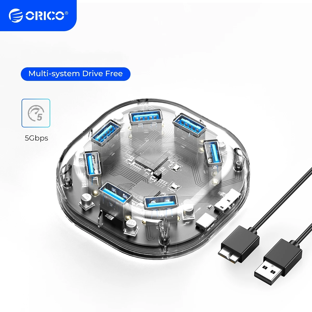 

ORICO Transparent Series USB HUB Multi 4 7 Port High Speed USB3.0 Splitter With Micro USB Power Port For Laptop PC OTG Adapter