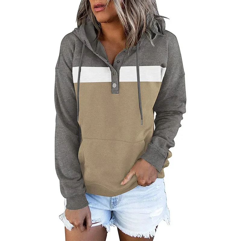 

Women Vintage Hoodies Tops Casual Button Long Sleeve Streetwear Pocket Sweatshirts Drawstring Color Match Hooded Jumper Female