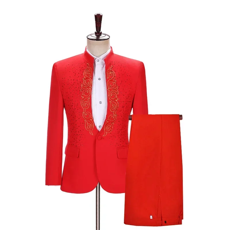 Men's stand-up collar annual meeting suit suit, singer stage performance evening dress, hot diamond applique suit