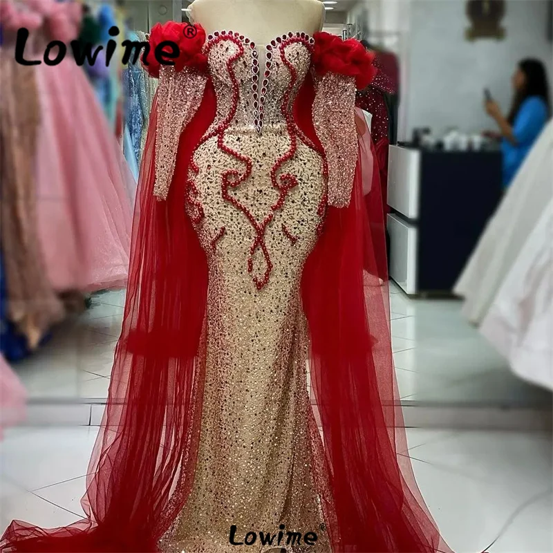 Elegant Arabic Red Evening Dresses Long Sleeve Ruffles Crystals Beaded Wedding Events Party Dress Long Mermaid Prom Gowns Robes