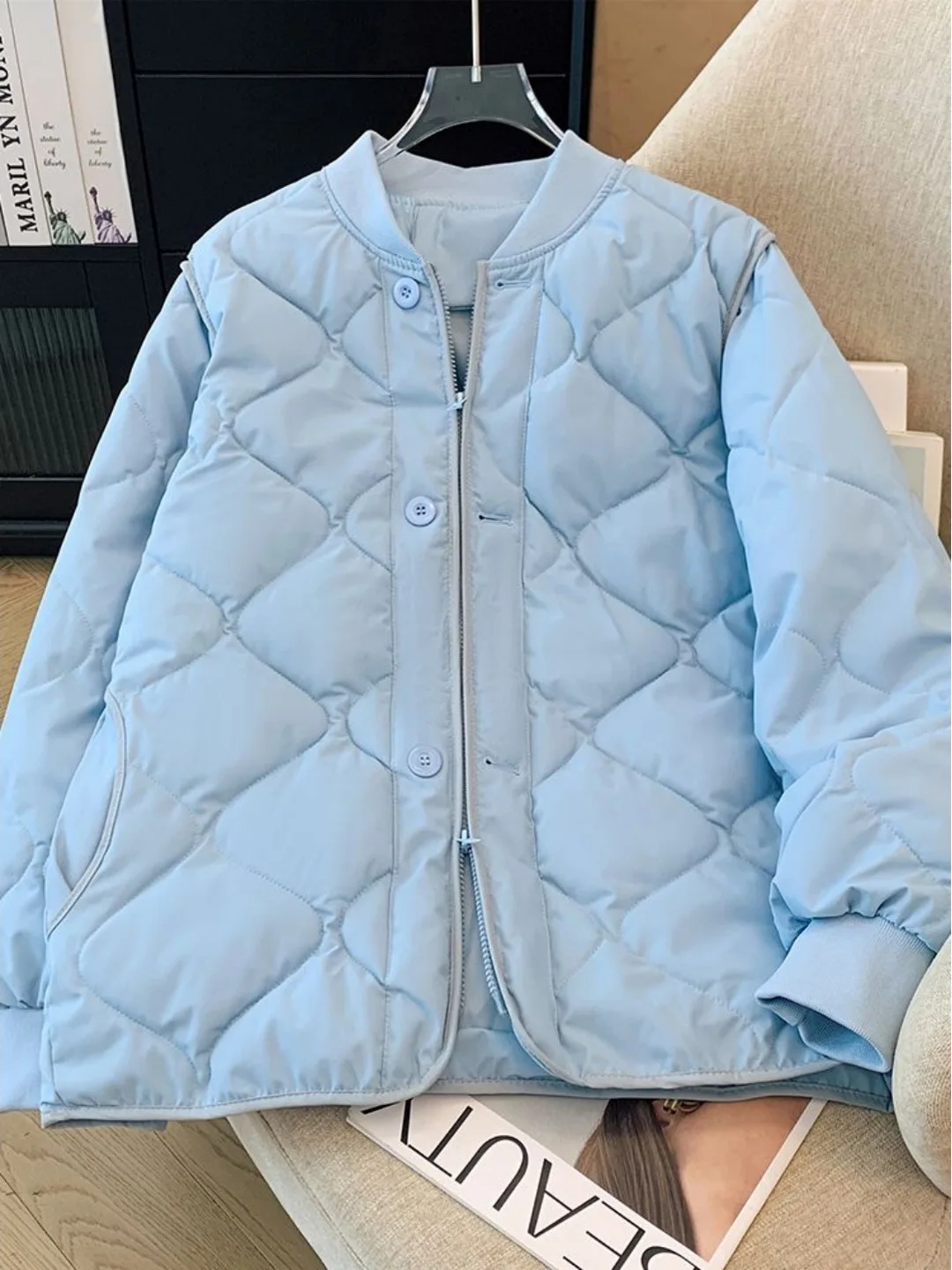 

Women Thicken All Match Casual Zipper Jackets Winter Solid Color Loose Coats Simple Round Neck Cotton Padd Jacket For