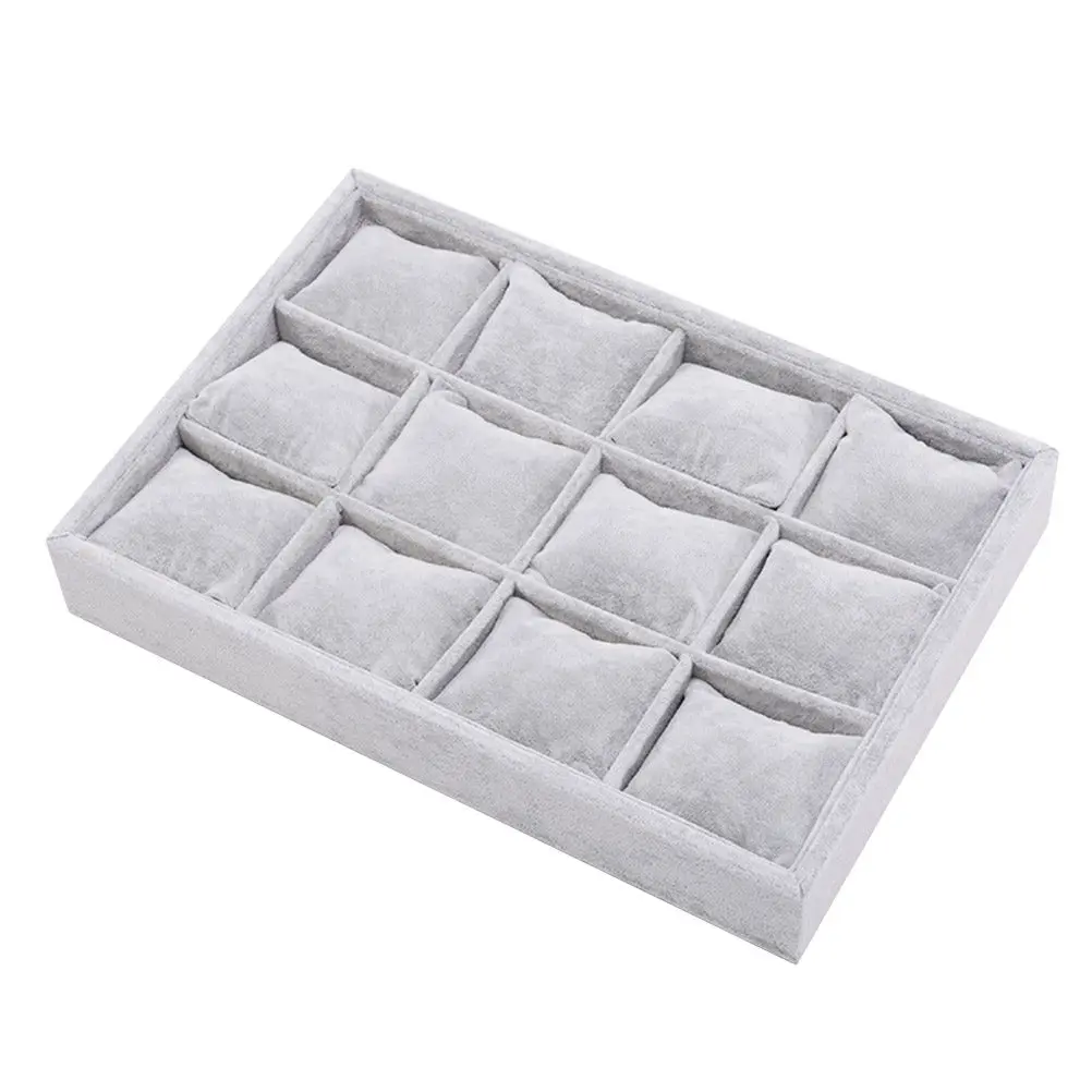 1Pcs Jewelry Display Tray Grey 12 Compartments Linen Box Ring Watch Earrings Organizer Storage Case for Home and Shop
