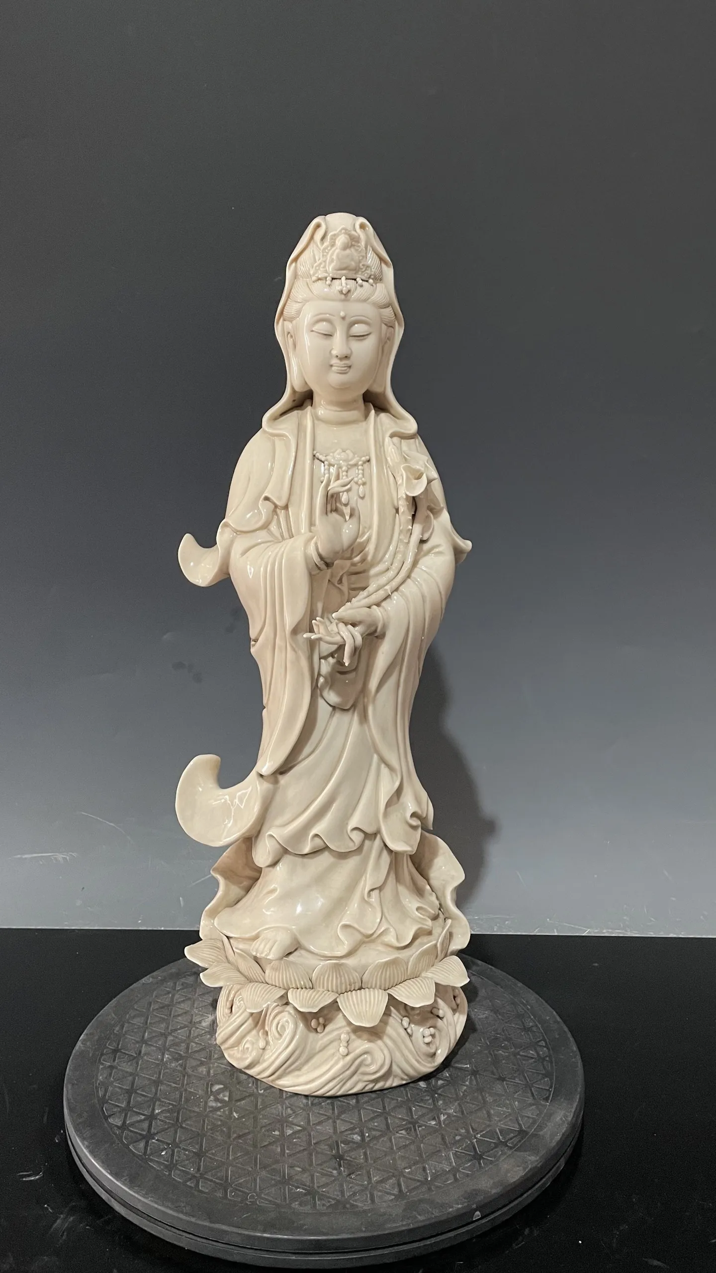 

19"Chinese Jingdezhen Dehua Porcelain Child Red Lotus Leaf Guanyin Bodhisattva Buddha Amitabha Lotus Terrace Worship Hall