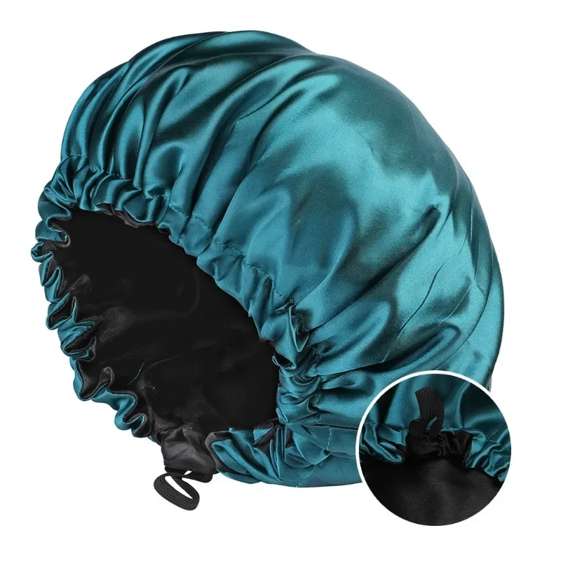 Adjustable Satin Bonnet for Women Nightcap Double Layer Round Shower Caps Night Sleep Polyester Hat Monochromatic Black Lining