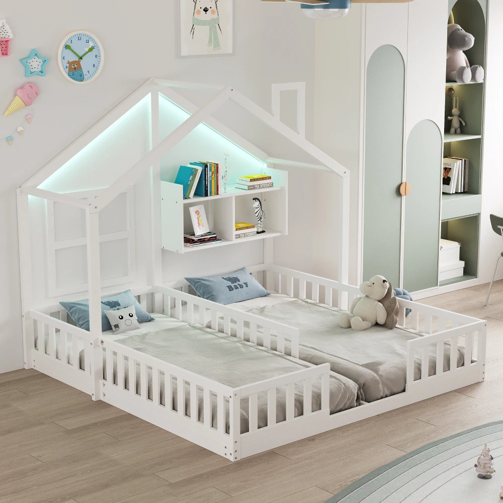 90×200cm Kinderbett, Holz-Doppelbett, Hausdesign mit Fenstern und Schornstein, LED-Beleuchtung, Sicherheitsgitter, Stauraum