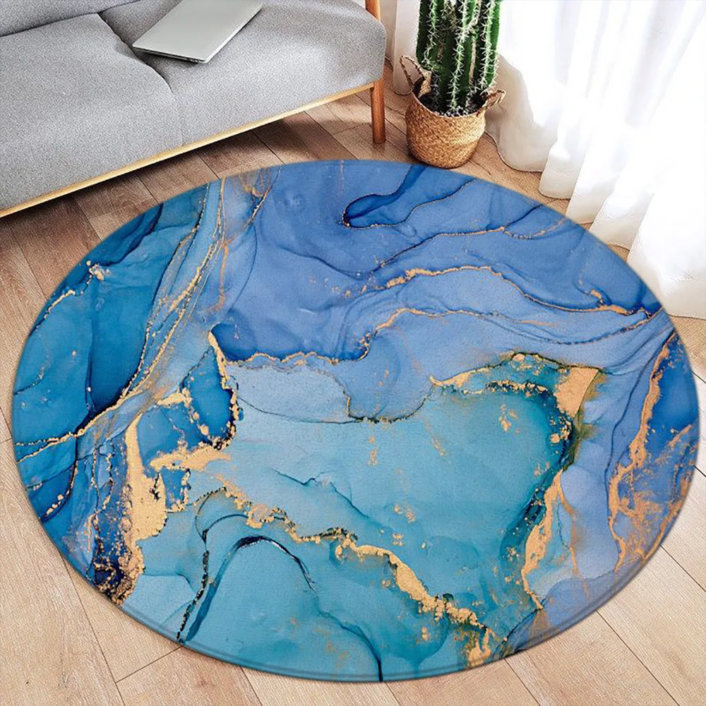 Green Marble Round Carpet Gold Lines Abstract Ink Art Textured Pattern Modern Home Living Room Bedroom Decorative Mat Floor Rugs