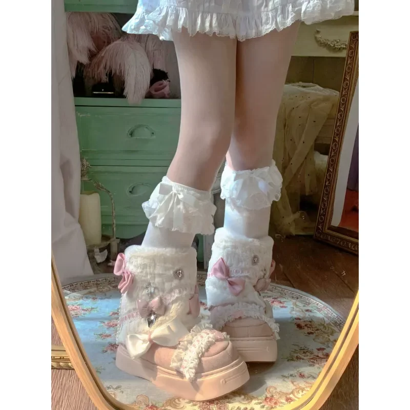 Women Winter Plush Snow Boots Sweet Bow Lace Decor Thick Sole Warm Furry Mid Calf Boots Kawaii Style Casual Shoes