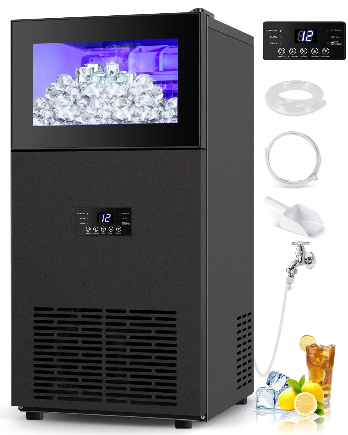 Commercial Ice Maker, 160Lbs/24H with 35Lbs Ice Capacity, 63Pcs Clear Ice Cubes per Round in 11-20Mins, 15inch Stainless Steel