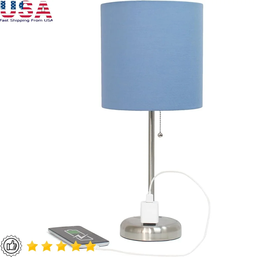 

Brushed Steel Table Lamp Set with Charging Outlet Drum Fabric Shade Living Room Bedroom Office College Dorm