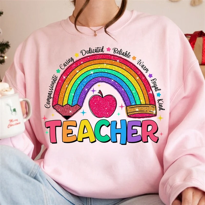 Teacher Rainbow Pencil Hoodless Sweatshirts Fashion Women\'s Clothing Casual Long-sleeved Winter Autumn Pullovers Round Neck Tops