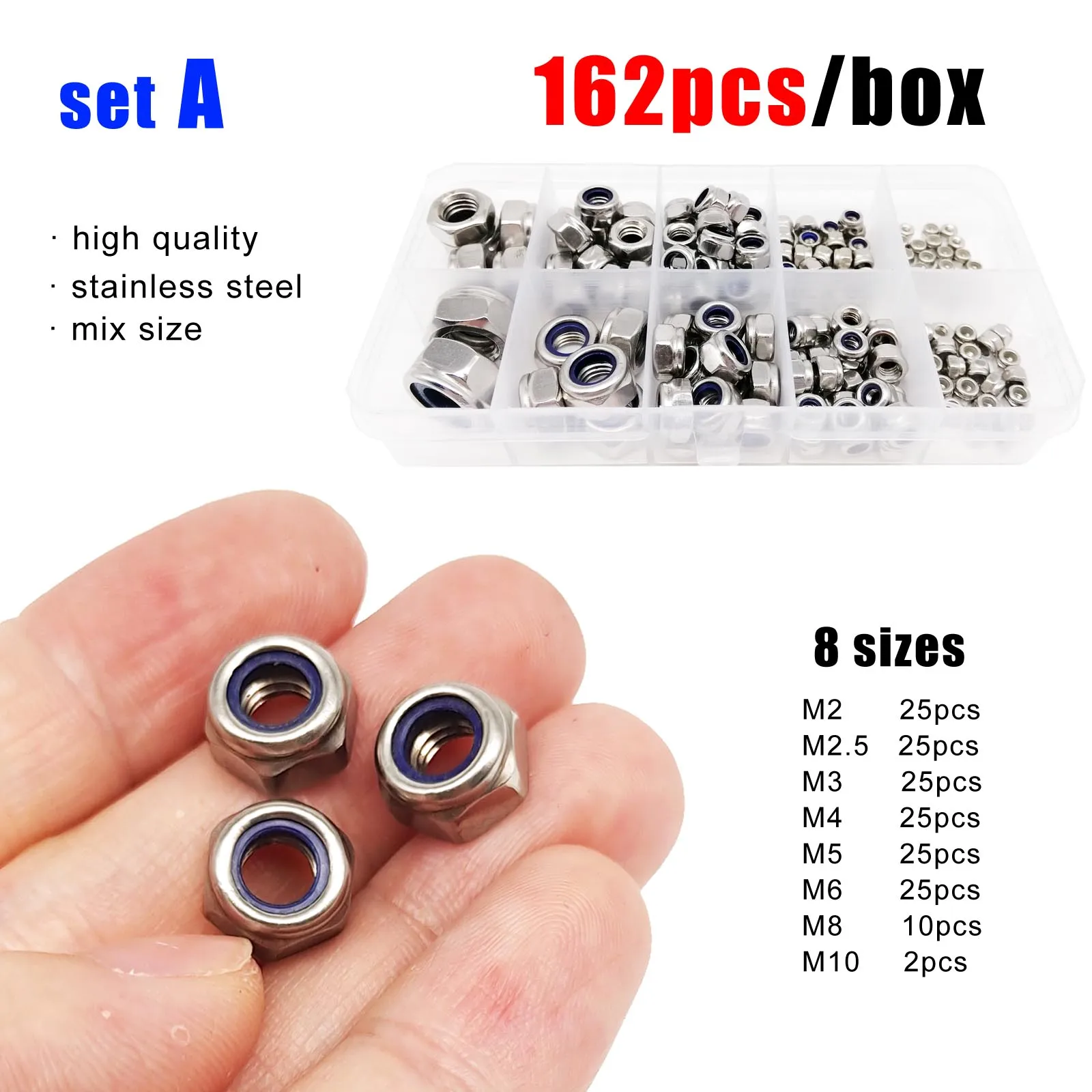 357/200/162pcs Mix M2 to M12 Set Kit DIN985 304 A2 Stainless Steel Hexagon Nylon Insert Lock Nut Hex Self Locking Nylock Locknut