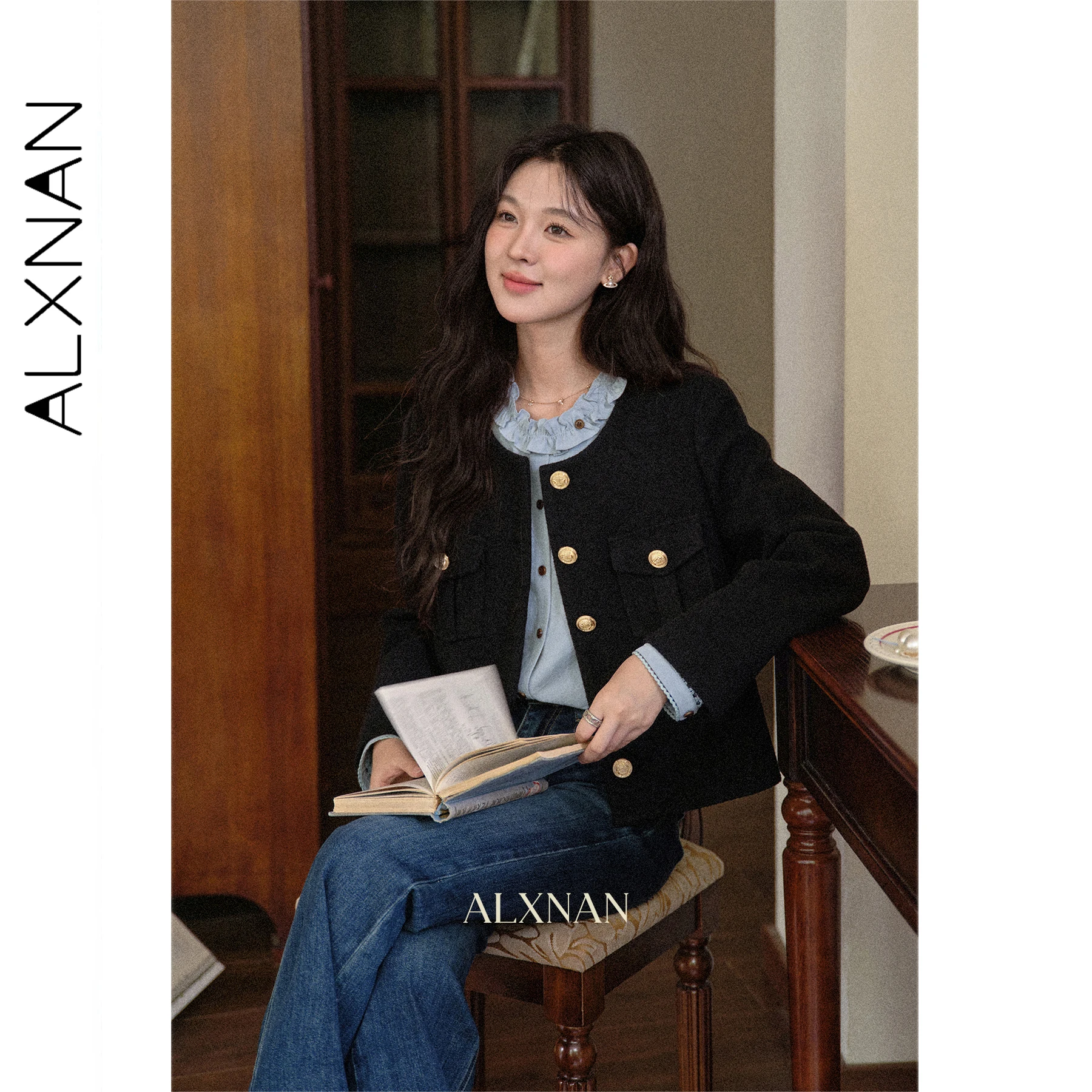 

ALXNAN Black Short Jacket Trend 2025 Autumn Casual Metal Button Women's Wool Coat Elegant Office Lady Long Sleeve Tops L569167